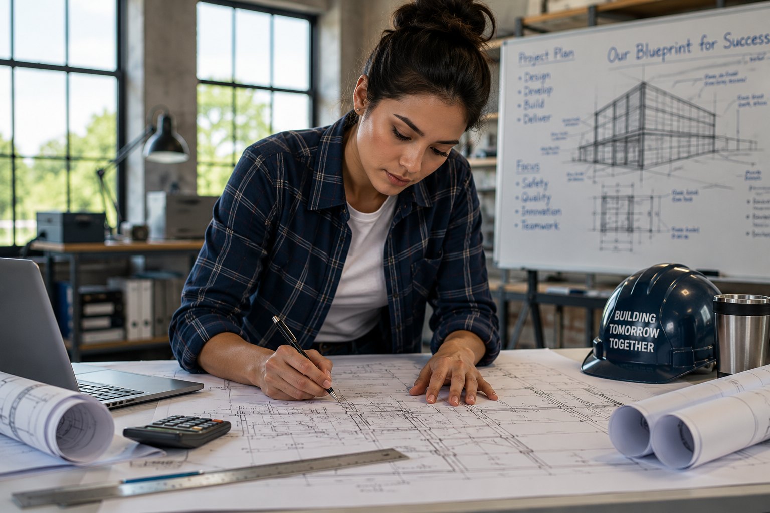A professional working on construction drawings