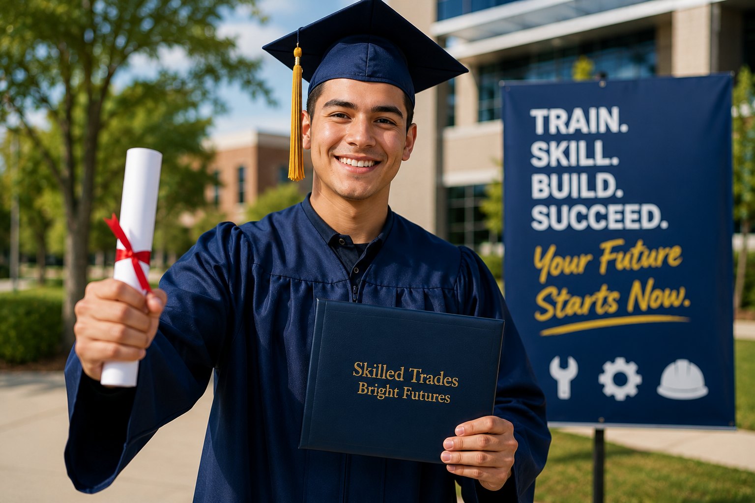 A trades graduate with his certificate