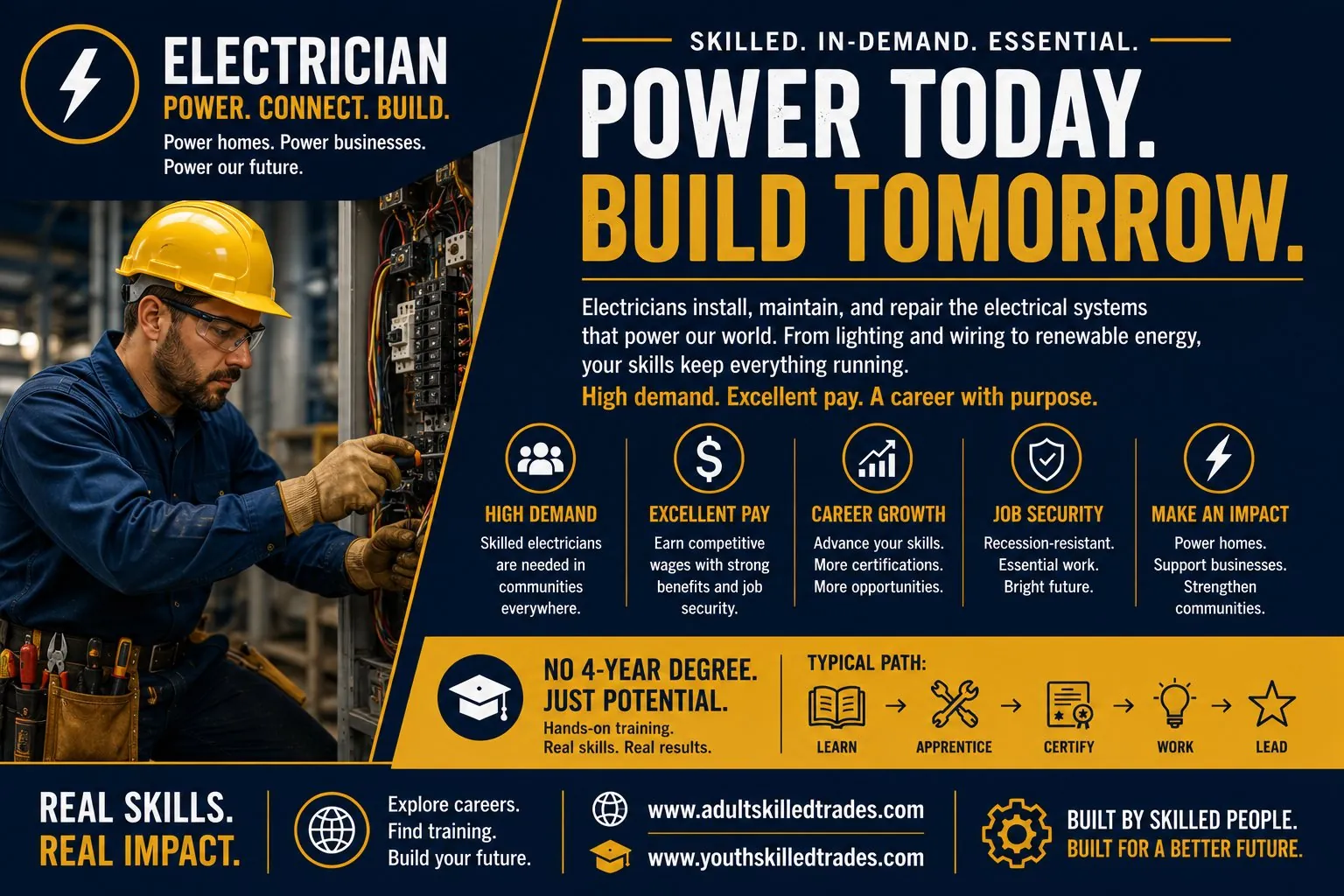 Electrician. Power Today Build Tomorrow career poster