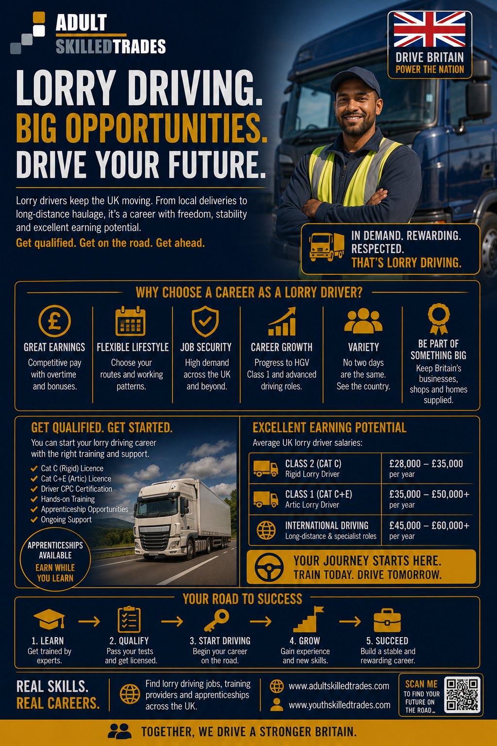 Lorry driving careers across the UK — AdultSkilledTrades poster