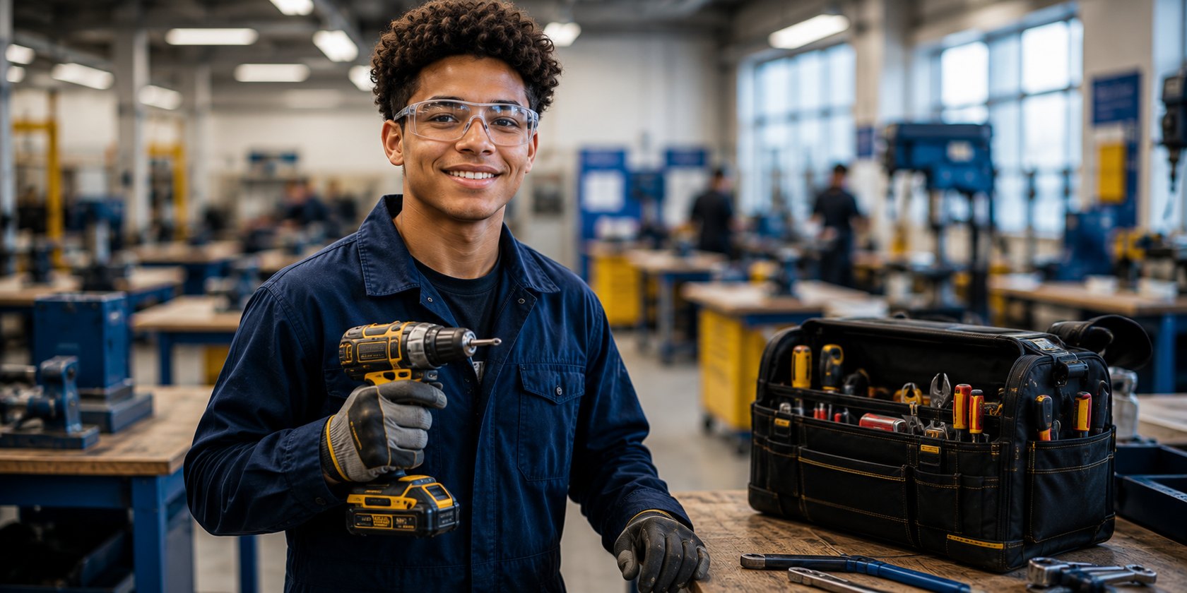A young trades student with a drill